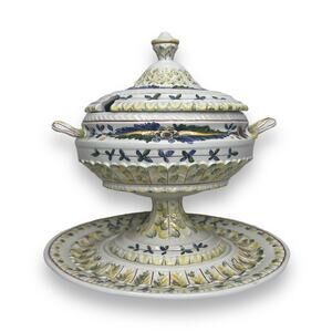 Hand Painted Vintage Italian Faience Footed Porcelain Tureen W/ Underplate Italy
